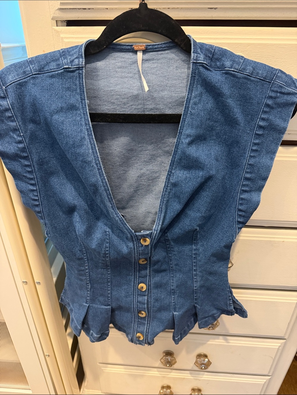 Free People Denim Button-Front V-Neck Peplum Top - Blue